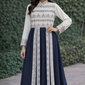 Elegant Navy and Cream Patterned Dress